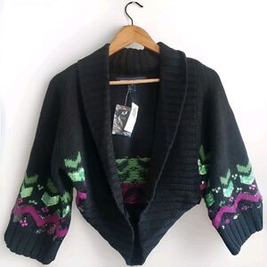 French Connection  Bolero Women's Medium Black Sequins  100% Wool Nwt